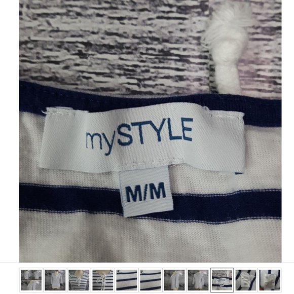 3/4 Sleeves Shirt Horizontal Strioes Blue White 100% Cotton Drawstrings - Picture 8 of 11